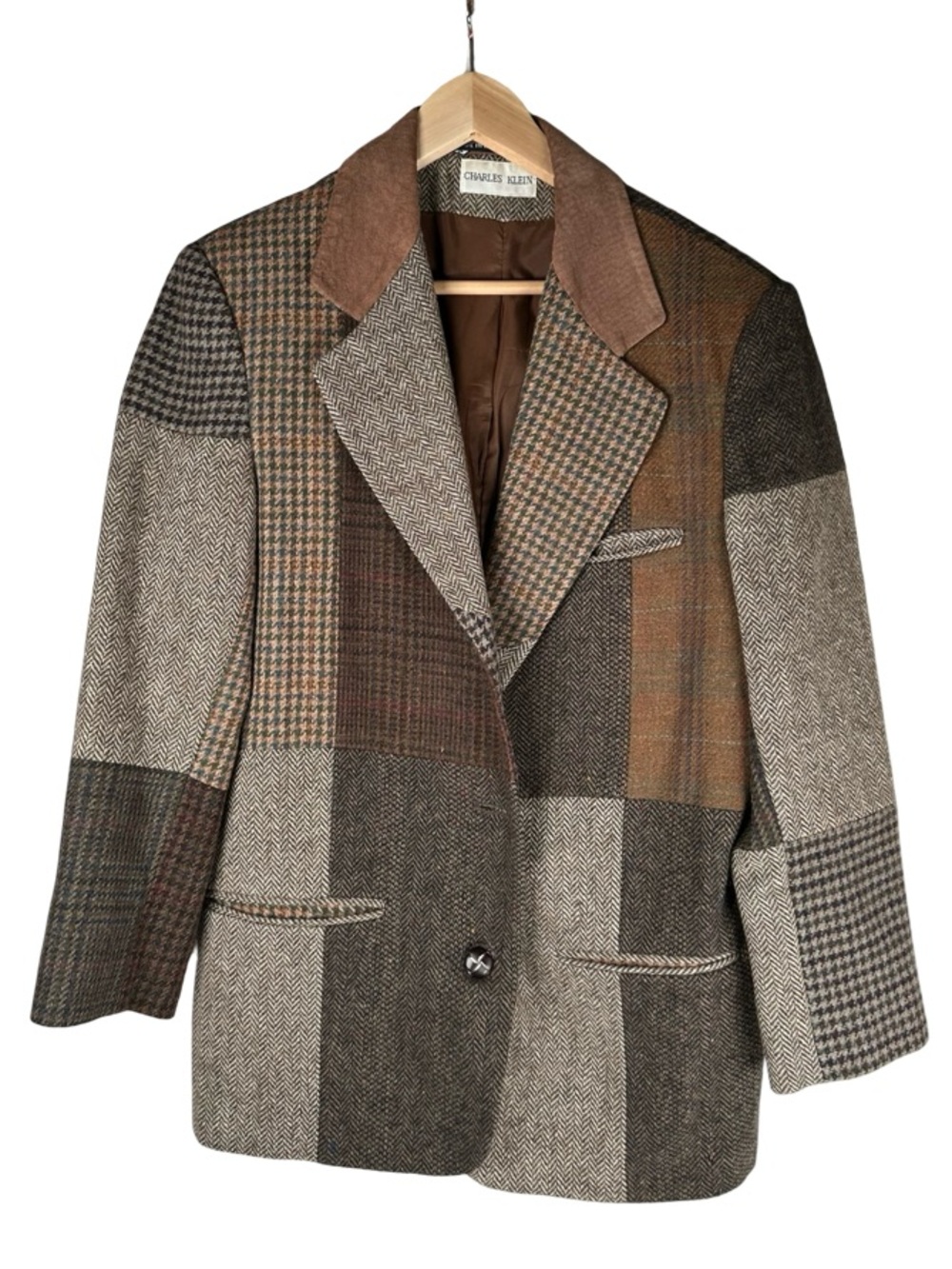 Charles Klein Vintage Herringbone Houndstooth Patchwork Brown Blazer Women’s 8